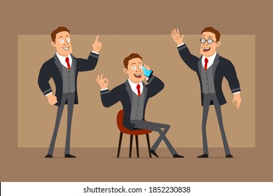 Cartoon flat funny strong business man character in black coat and tie. Boy talking on phone, showing Hello gesture and okay sign. Ready for animation. Isolated on brown background. Vector set.