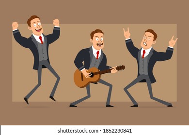 Cartoon flat funny strong business man character in black coat and tie. Boy dancing, playing on guitar and showing rock and roll sign. Ready for animation. Isolated on brown background. Vector set.