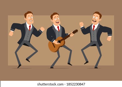 Cartoon flat funny strong business man character in black coat and tie. Boy jumping, dancing and playing rock on guitar. Ready for animation. Isolated on brown background. Vector set.