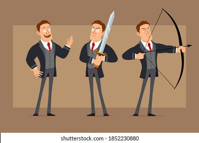 Cartoon Flat Funny Strong Business Man Character In Black Coat And Tie. Boy Holding Big Knight Sword And Shooting From Bow With Arrow. Ready For Animation. Isolated On Brown Background. Vector Set.