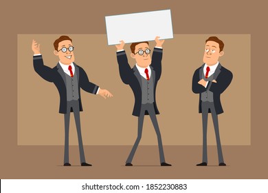 Cartoon flat funny strong business man character in black coat and tie. Boy thinking, posing and holding blank sign for text. Ready for animation. Isolated on brown background. Vector set.