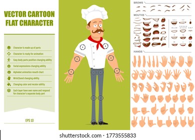 Cartoon flat funny strong chef cook man character in uniform and baker hat. Ready for animation. Face expressions, eyes, brows, mouth and hands easy to edit. Isolated on olive background. Vector set.