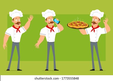 Cartoon flat funny strong chef cook man character in white uniform and baker hat. Boy carrying pizza with salami and talking on phone. Ready for animation. Isolated on olive background. Vector set.