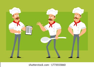 Cartoon flat funny strong chef cook man character in white uniform and baker hat. Boy holding big spoon and tablet with tasks. Ready for animation. Isolated on olive background. Vector icon set.