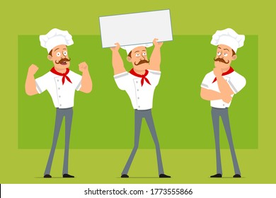 Cartoon flat funny strong chef cook man character in white uniform and baker hat. Boy holding blank sign and showing muscles. Ready for animation. Isolated on olive background. Vector icon set.