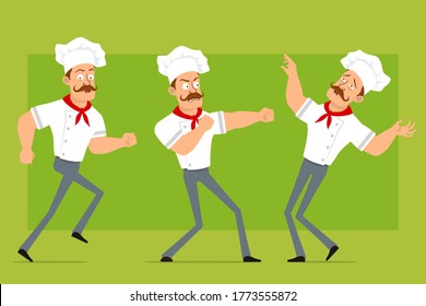 Cartoon flat funny strong chef cook man character in white uniform and baker hat. Boy running, fighting and falling down. Ready for animation. Isolated on olive background. Vector icon set.