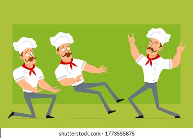 Cartoon flat funny strong chef cook man character in white uniform and baker hat. Boy falling down, showing rock and roll sign. Ready for animation. Isolated on olive background. Vector icon set.