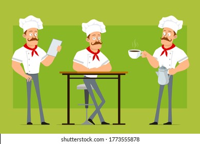 Cartoon flat funny strong chef cook man character in white uniform and baker hat. Boy coffee kettle pot and cup on dish. Ready for animation. Isolated on olive background. Vector icon set.