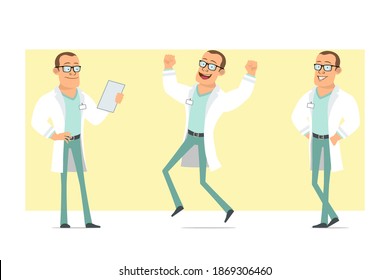 Cartoon flat funny strong doctor man character in white uniform and glasses. Boy jumping, posing and reading document. Ready for animation. Isolated on yellow background. Vector set.