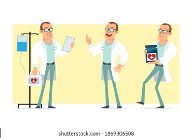 Cartoon flat funny strong doctor man character in white uniform and glasses. Boy reading note, holding, medical jar and first aid kit. Ready for animation. Isolated on yellow background. Vector set.