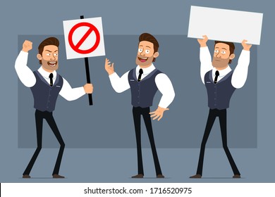 Cartoon flat funny strong muscular businessman character with black tie. Ready for animations. Rebel boy with stop, no entry and empty blank sign. Isolated on gray background. Big vector icon set.