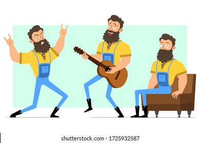 Cartoon flat funny strong muscular bearded lumberjack in blue jeans. Ready for animation. Man playing rock and roll on acoustic guitar. Isolated on green background. Vector icon set.