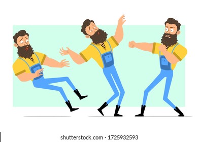 Cartoon flat funny strong muscular bearded lumberjack in blue jeans. Ready for animation. Angry man fighting and falling down. Isolated on green background. Vector icon set.