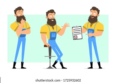 Cartoon flat funny strong muscular bearded lumberjack in blue jeans. Ready for animation. Man thinking, resting and showing to do list tablet. Isolated on green background. Vector icon set.