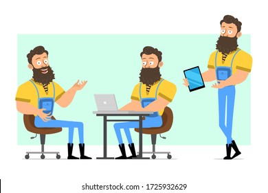 Cartoon flat funny strong muscular bearded lumberjack in blue jeans. Ready for animation. Man working on a laptop and showing new smart tablet. Isolated on green background. Vector icon set.