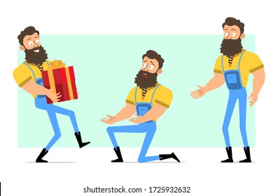 Cartoon flat funny strong muscular bearded lumberjack in blue jeans. Ready for animation. Man carrying gift, standing on knee and shaking hands. Isolated on green background. Vector icon set.