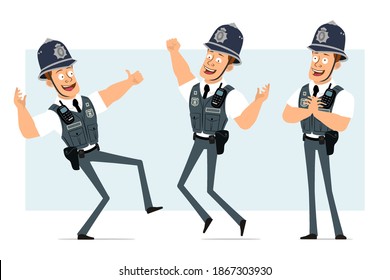 Cartoon flat funny strong policeman character in bulletproof vest with radio set. Boy posing, resting and showing thumbs up sign. Ready for animation. Isolated on blue background. Vector set.