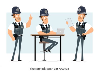 Cartoon flach lustigen starken Polizisten Charakter in kugelsicherer Weste mit Radio-Set. Junge liest Notiz und arbeitet an Laptop. Bereit für Animation. Einzeln auf blauem Hintergrund. Vektorset.