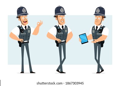 Cartoon flat funny strong policeman character in bulletproof vest with radio set. Boy holding smart tablet and showing okay sign. Ready for animation. Isolated on blue background. Vector set.