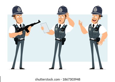 Caricatura plana y fuerte personaje policial en chaleco a prueba de balas con radio set. Niño sosteniendo rifle automático y leyendo nota de papel. Listo para la animación. Aislado sobre fondo azul. Conjunto de vectores.