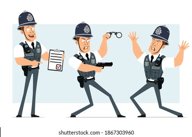 Caricatura plana y fuerte personaje policial en chaleco a prueba de balas con radio set. Niño haciendo una lista y disparando desde una pistola. Listo para la animación. Aislado sobre fondo azul. Conjunto de vectores.