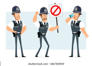 Cartoon flach lustigen starken Polizisten Charakter in kugelsicherer Weste mit Radio-Set. Junge telefonisch und ohne Stoppschild. Bereit für Animation. Einzeln auf blauem Hintergrund. Vektorset.