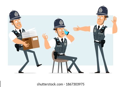 Caricatura plana y fuerte personaje policial en chaleco a prueba de balas con radio set. Niño hablando por teléfono y cargando una caja con documentos. Listo para la animación. Aislado sobre fondo azul. Conjunto de vectores.