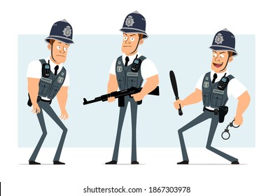 Caricatura plana y fuerte personaje policial en chaleco a prueba de balas con radio set. Niño parado con esposas y porra de la policía. Listo para la animación. Aislado sobre fondo azul. Conjunto de vectores.
