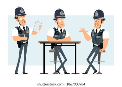 Cartoon flat funny strong policeman character in bulletproof vest with radio set. Boy posing and reading document. Ready for animation. Isolated on blue background. Vector set.