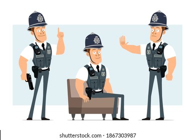 Cartoon flach lustigen starken Polizisten Charakter in kugelsicherer Weste mit Radio-Set. Junge, die Warnung, Aufmerksamkeit und Schluss Geste. Bereit für Animation. Einzeln auf blauem Hintergrund. Vektorset.