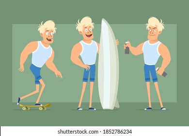 Cartoon flat funny strong sportsman character in undershirt and shorts. Boy riding on skateboard, holding surfboard and spray paint can. Ready for animation. Isolated on green background. Vector set.