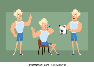 Cartoon flat funny strong sportsman character in undershirt and shorts. Boy talking on phone, showing to do list and attention sign. Ready for animation. Isolated on green background. Vector set.