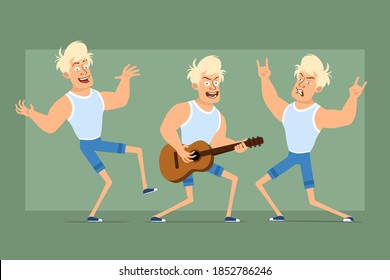 Cartoon flat funny strong sportsman character in undershirt and shorts. Boy dancing, playing on guitar and showing rock and roll sign. Ready for animation. Isolated on green background. Vector set.