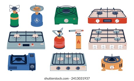 Cartoon flat gas stoves. Camping and household hobs, propane fuel balloons, outdoor cooking devices, expedition kitchen, furnace travel, heat flame, propane hob butane nowaday vector set