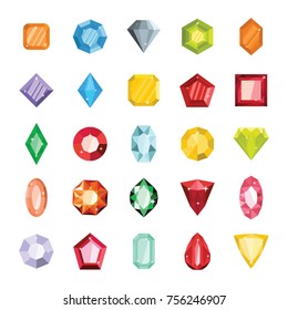 Cartoon Flat Gems Jewels Diamond Brilliant Vector Set. Gemstone And Crystal, Precious Glass Elements Isolated On White Illustration