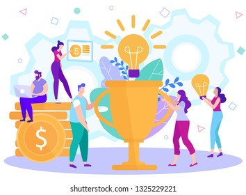 Cartoon Flat Generation New Business Creation Ideas. Success Receiving Award Creative. Man and Girl Holding Big Goblet on Top Light Bulb. Woman in Red Dress is Holding Decision. Man Sitting on Money.