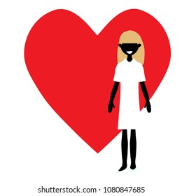 Cartoon flat girl vector character with heart background
