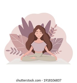 Cartoon flat girl in yoga lotus practices meditation. Practice of yoga. Vector illustration. Young and happy woman meditating