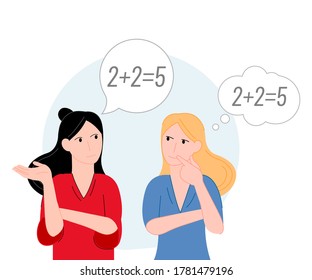 Cartoon flat girls spread false information vector illustration modern style 