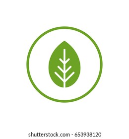 Cartoon flat green leaf in circle with green contour. Eco icon. isolated on white. Vector illustration. Leaflet organic icon.