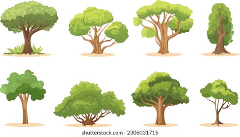 Cartoon flat green trees vector illustration set.