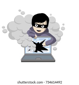 cartoon flat hacker breaks, splits the screen of the laptop from which comes the smoke - computer security
