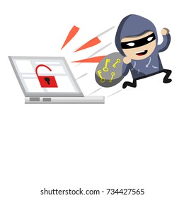 cartoon flat hacker criminal a thief steals the keys from laptop - computer security