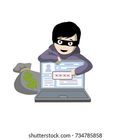 Cartoon Flat Hacker Thief In The Mask Breaks The Password Of The Computer With A Bag Of Money  - Computer Security