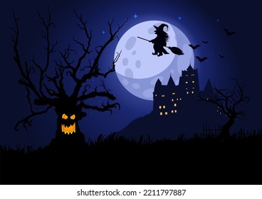 Cartoon, flat halloween background. Witch, full moon, bats, spooky trees and castle. With space for text. Vector illustration.