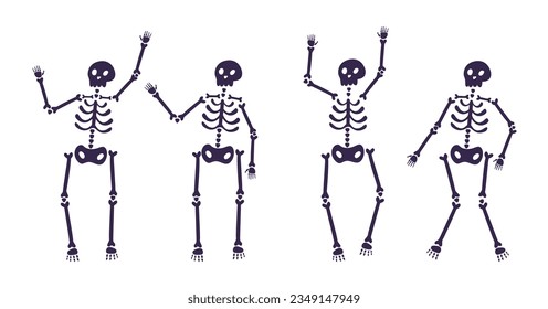 Cartoon flat halloween skeletons set. Funny creepy characters with skull and bones dancing vector illustration. Perfect for banner, poster, greeting card, invitation