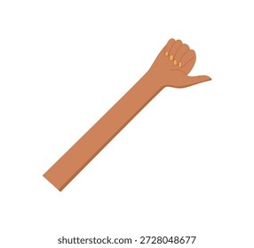 La mano plana de la historieta con la piel marrón y el pulgar levantado muestran el número uno. Brazo y palma en el gesto de contar, dedo para representar el concepto de matemáticas. Postura aislada, elemento educativo para uso preescolar o escolar.