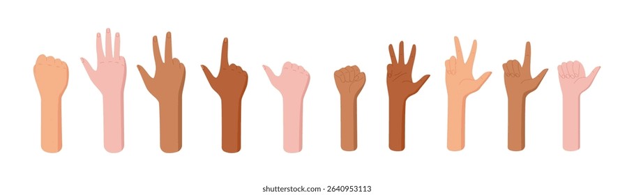 Cartoon flat hand count gesture set of diverse bare arm positions. Variety of finger and palm configurations for counting numbers. Isolated illustration useful for education and professional context.