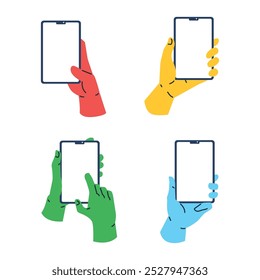 Cartoon flat hand holding phone in various colour