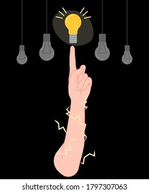 Cartoon flat hand with light bulb got an idea vector illustration modern style 